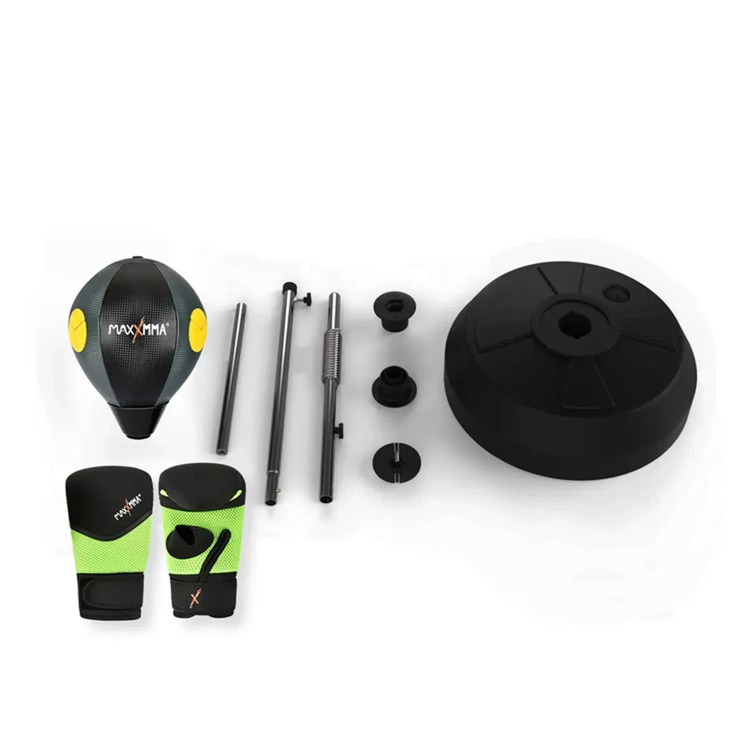 MaxxMMA Speed- Adjustable Freestanding Reflex Bag Kit Black/Grey With Yellow Punching Point and Gloves