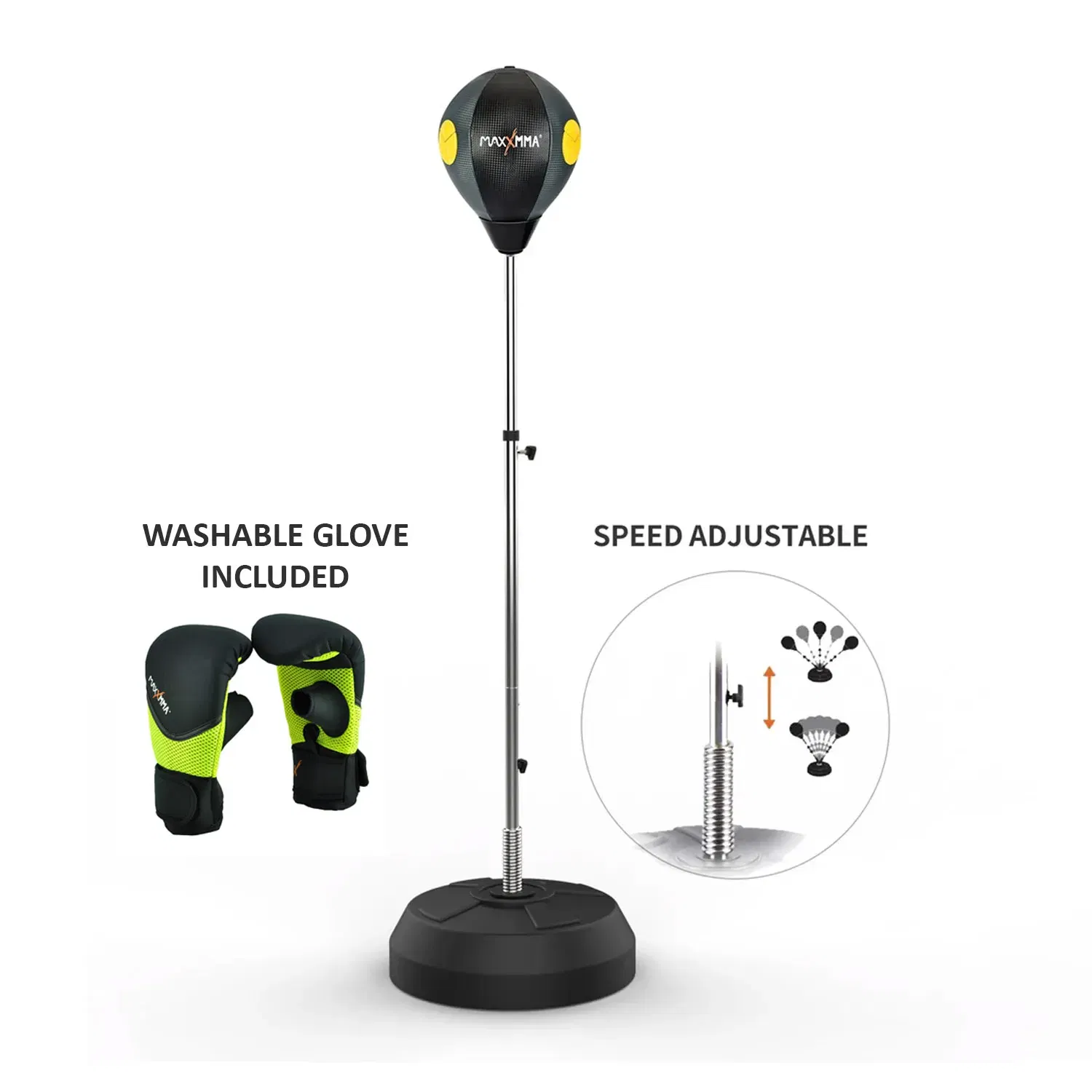 MaxxMMA Speed- Adjustable Freestanding Reflex Bag Kit Black/Grey With Yellow Punching Point and Gloves