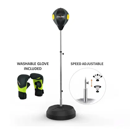 MaxxMMA Speed- Adjustable Freestanding Reflex Bag Kit Black/Grey With Yellow Punching Point and Gloves