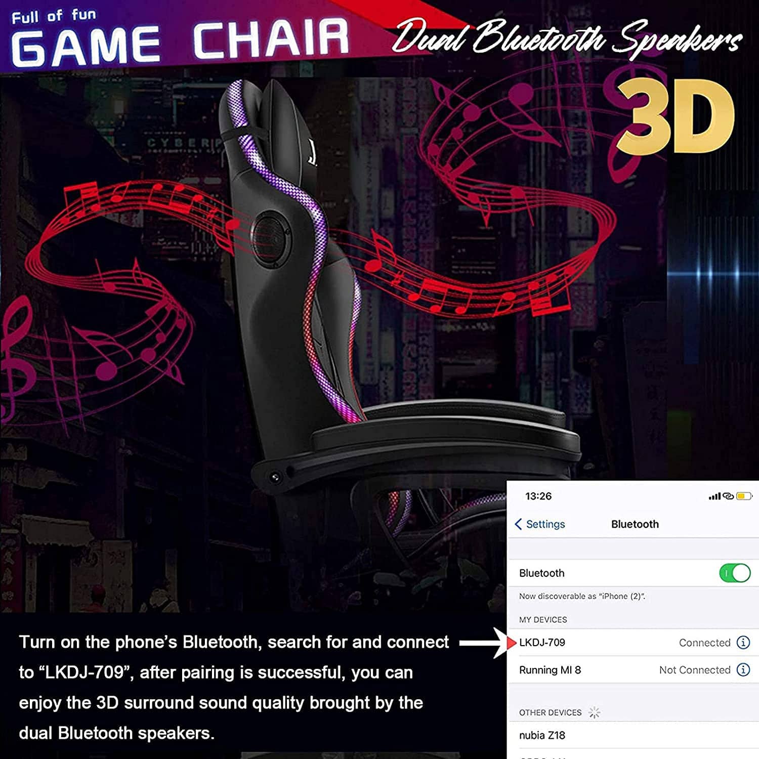 CoolBaby Professional Gaming Chairs with LED Light & Bluetooth Speakers - Black