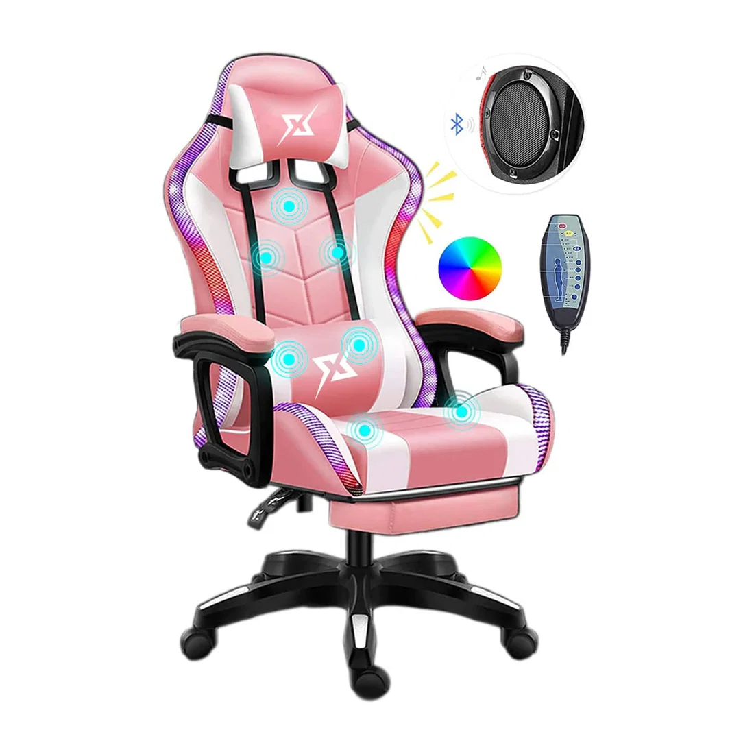 CoolBaby Professional Gaming Chairs with LED Light & Bluetooth Speakers - Pink