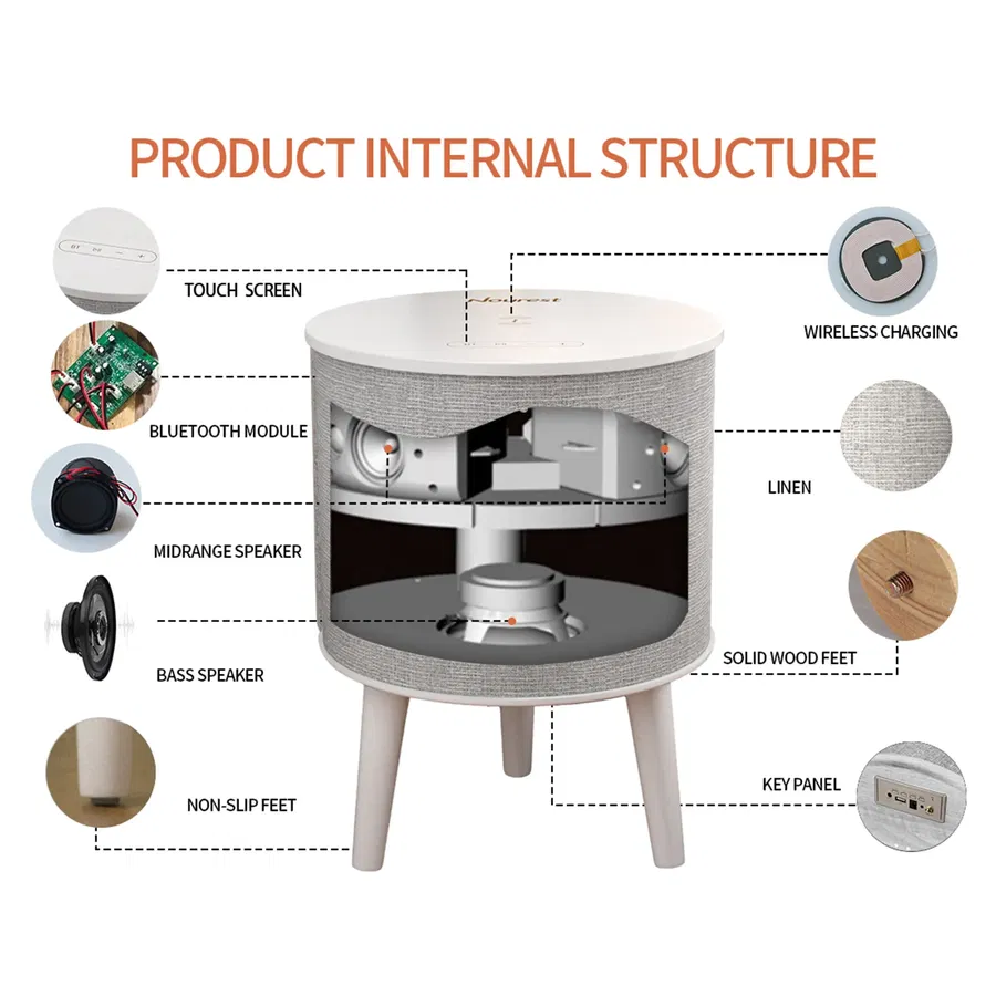 Nourest 4 in 1 Side Table with inbuilt 70W Bluetooth speaker - Touch Control-Light Grey