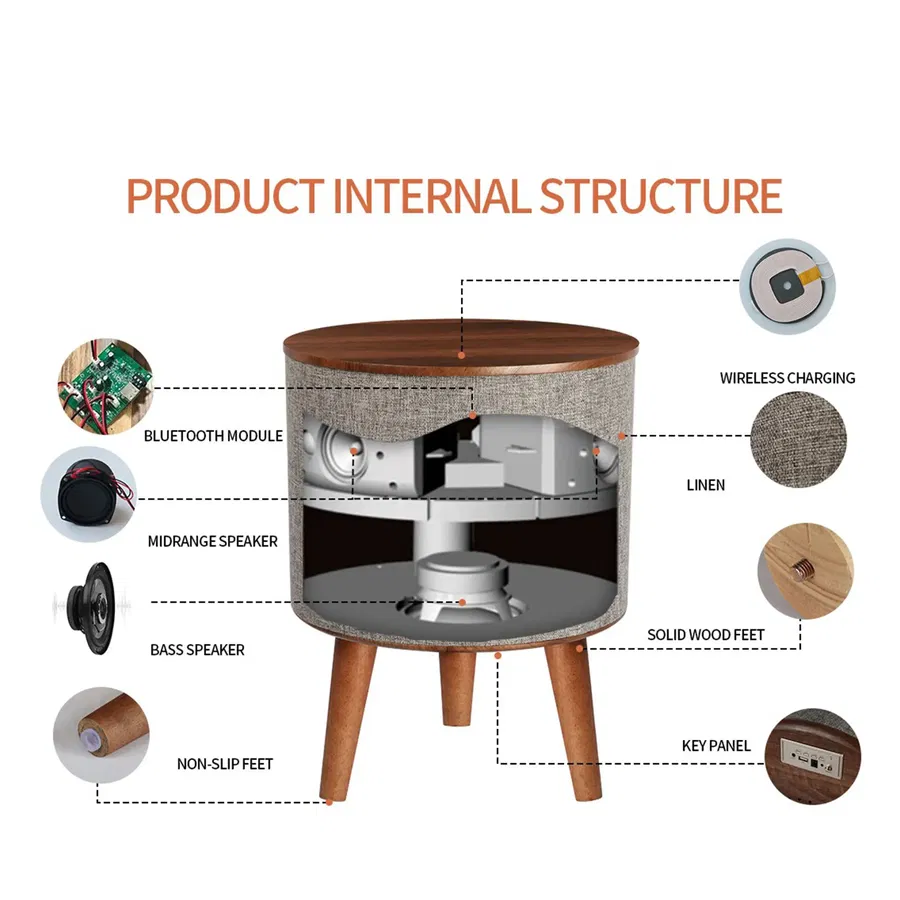 Nourest 3-in-1 Wireless Charging Side Table with Bluetooth Speaker-Oak